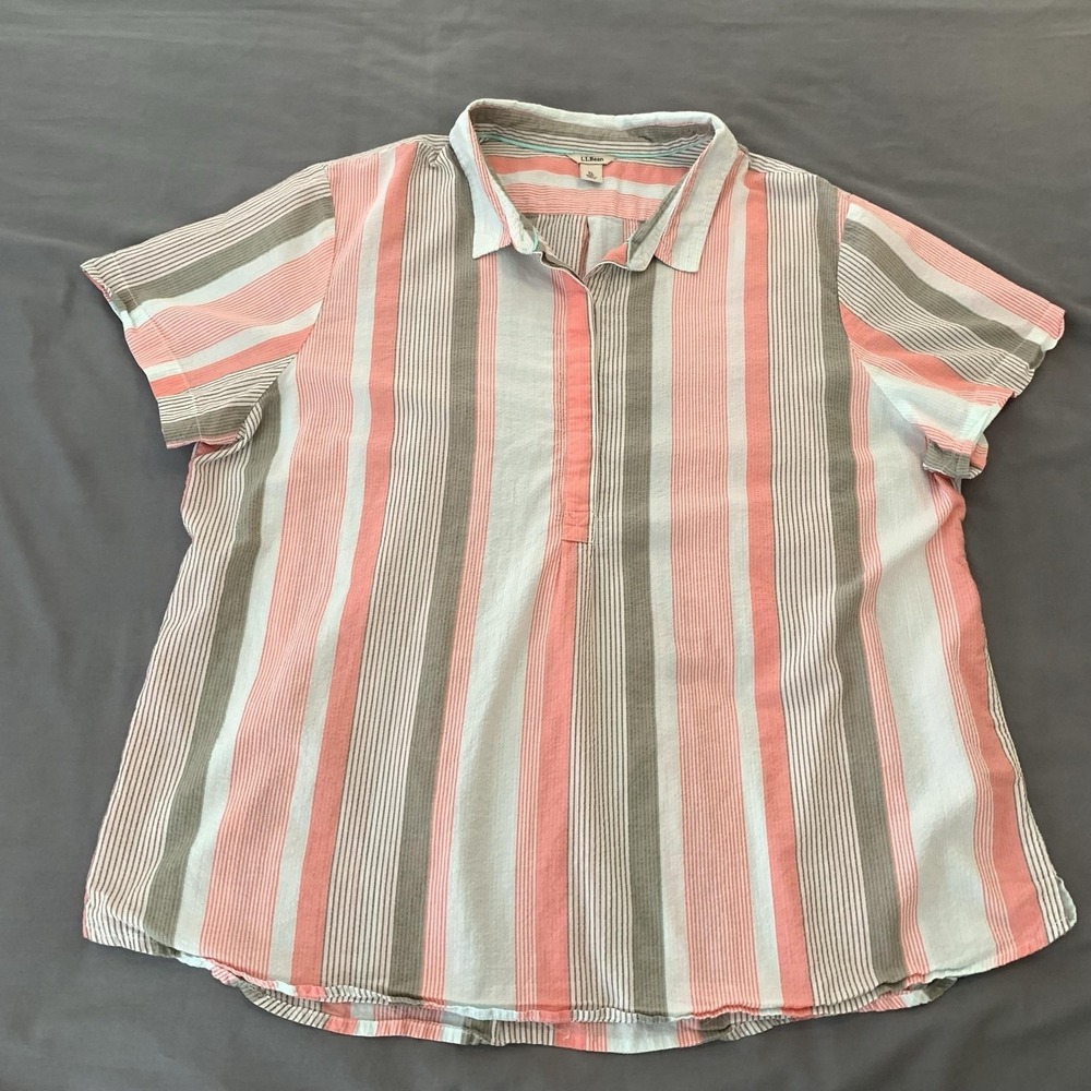 LL Bean Blouse Womens XL Multicolor Striped Short Sleeve Collared Cotton
